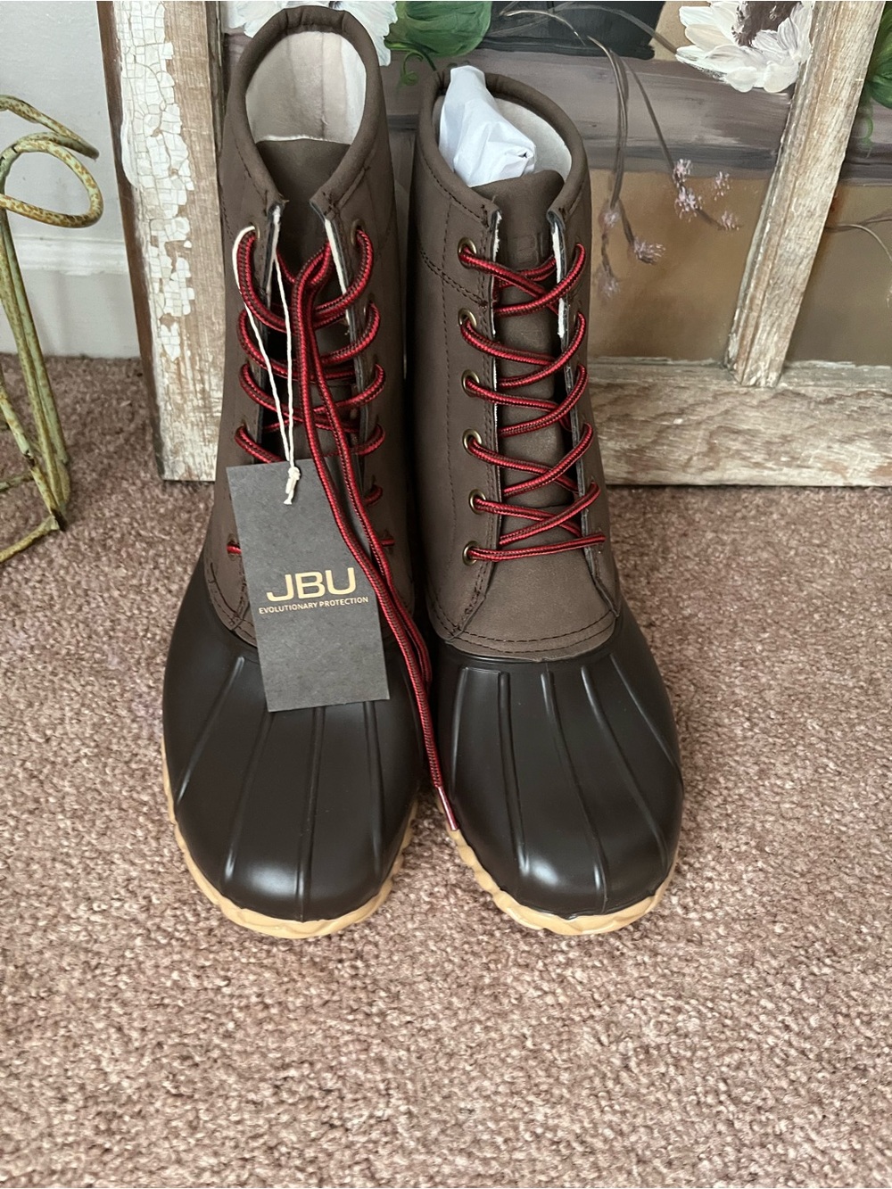 JBU Men’s Brown and Red Waterproof Duck Boots with Tan Outsole